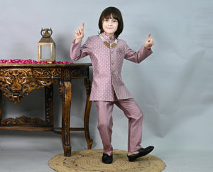 Ahhaaaa Boys' Jodhpuri Bandhgala Suit Set with Mala | Kids Jacquard Weave Ethnic Wedding Dress
