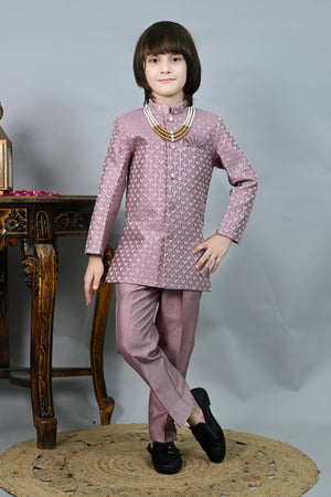 Ahhaaaa Boys' Woven Jacquard Jodhpuri Bandhgala Suit Set with Pearl Mala | Kids Indo-Western Ethnic Festive Dress Pink