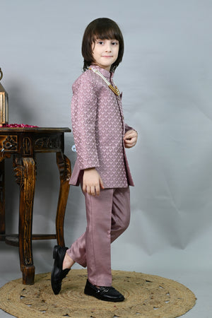 Ahhaaaa Boys' Woven Jacquard Jodhpuri Bandhgala Suit Set with Pearl Mala | Kids Indo-Western Ethnic Festive Dress