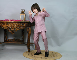 Ahhaaaa Boys' Woven Jacquard Jodhpuri Bandhgala Suit Set with Pearl Mala | Kids Indo-Western Ethnic Festive Dress