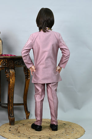 Ahhaaaa Boys' Woven Jacquard Jodhpuri Bandhgala Suit Set with Pearl Mala | Kids Indo-Western Ethnic Festive Dress