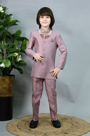 Ahhaaaa Royal Prince Jodhpuri Suit for Boys | Kids Festive Bandhgala with Mala | Art Silk Indo-Western Wedding Outfit Pink