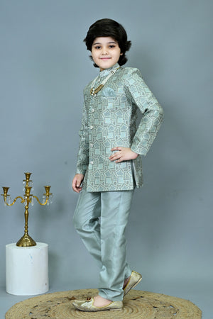 Ahhaaaa Boys Printed Jacquard Indo Western Sherwani Set Jodhpuri Suit Style Kurta Pyjama for kids