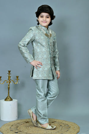 Ahhaaaa Boys Printed Jacquard Indo Western Sherwani Set Jodhpuri Suit Style Kurta Pyjama for kids