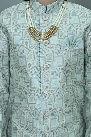 Ahhaaaa Boys Printed Jacquard Indo Western Sherwani Set Jodhpuri Suit Style Kurta Pyjama for kids