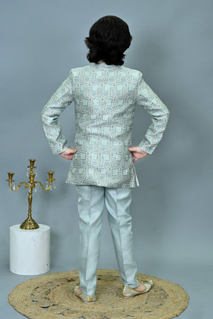 Ahhaaaa Boys Printed Jacquard Indo Western Sherwani Set Jodhpuri Suit Style Kurta Pyjama for kids