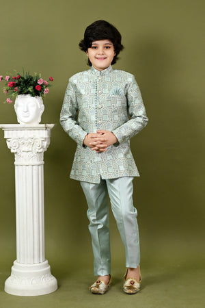 Ahhaaaa Boys Printed Jacquard Indo Western Sherwani Set Jodhpuri Suit Style Kurta Pyjama for kids