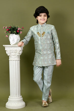 Ahhaaaa Boys Printed Jacquard Indo Western Sherwani Set Jodhpuri Suit Style Kurta Pyjama for kids Turquoise Blue