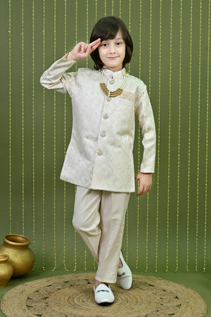 Ahhaaaa Boys 2 Piece Jacquard with Zari Work Kids Wedding & Festive Wear Cream