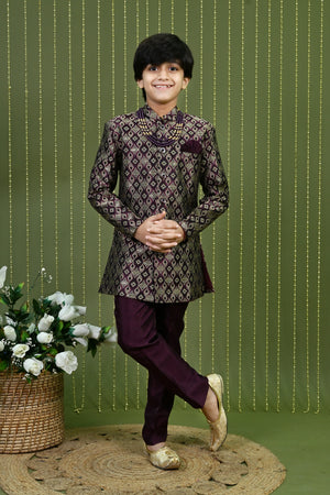 Ahhaaaa Boys Jodhpuri Sherwani Suit – 2 Piece Jacquard with Sequin Embroidery Purple