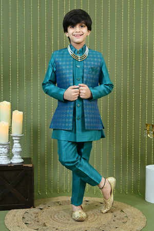Ahhaaaa Boys Indo-Western Sherwani Kurta Set with Nehru Jacket & Maala – Kids Ethnic Party Wear Blue