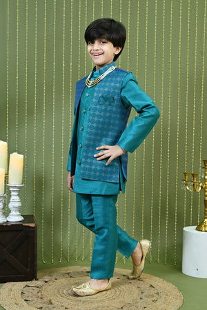 Ahhaaaa Boys Indo-Western Sherwani Kurta Set with Nehru Jacket & Maala – Kids Ethnic Party Wear