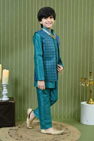 Ahhaaaa Boys Indo-Western Sherwani Kurta Set with Nehru Jacket & Maala – Kids Ethnic Party Wear