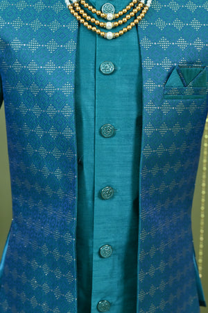 Ahhaaaa Boys Indo-Western Sherwani Kurta Set with Nehru Jacket & Maala – Kids Ethnic Party Wear
