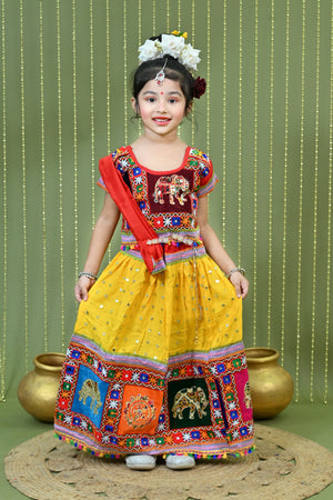 Kids Ethnic Wear Lehenga Choli for Girls | Gujarati Dandiya Raas Dress with Embroidery Yellow