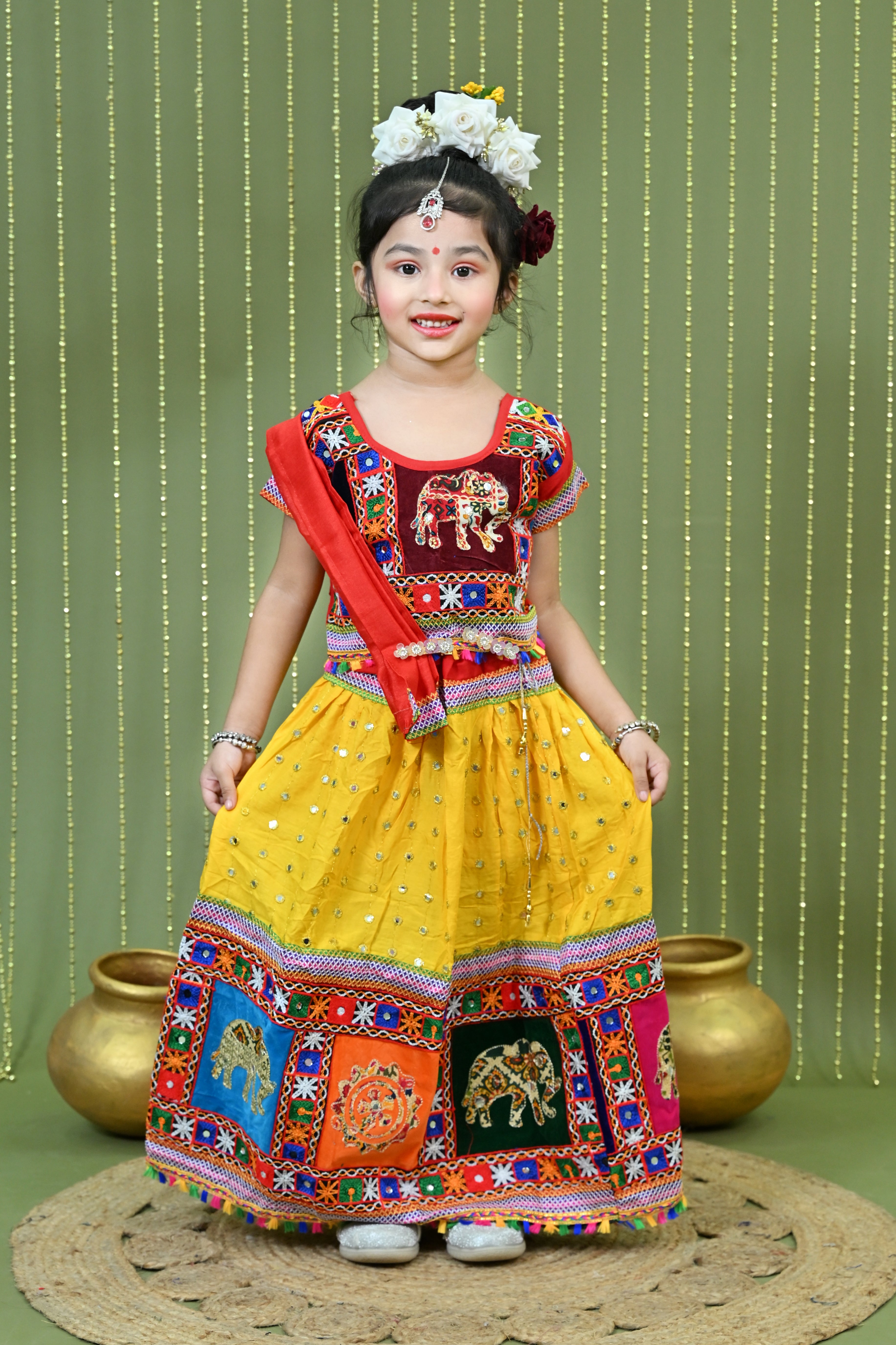 Kids Ethnic Wear Lehenga Choli for Girls | Gujarati Dandiya Raas Dress with Embroidery Yellow