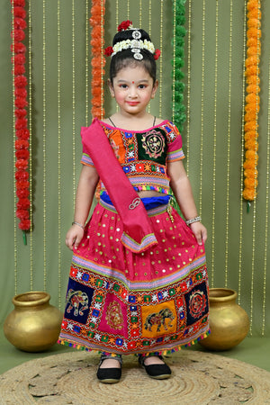Kids Ethnic Wear Lehenga Choli for Girls | Gujarati Dandiya Raas Dress with Embroidery Pink