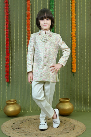 Ahhaaaa Boys Jodhpuri Sherwani Suit – 2 Piece Set with Embroidered Sequin Work Cream