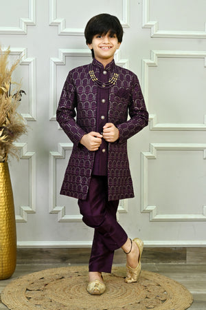 Ahhaaaa Regal Dupian Silk Indo-Western Sherwani Set for Boys with Tonal Embroidery Purple