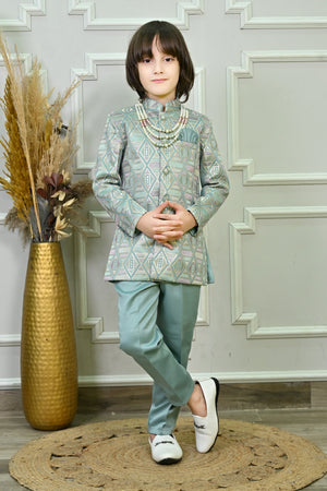 Ahhaaaa Boys Jodhpuri Sherwani Suit – 2 Piece Set with Embroidered Sequin Work Turquoise Blue