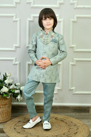 Ahhaaaa Boys Jodhpuri Sherwani Suit – 2 Piece Jacquard Set Turquoise Blue