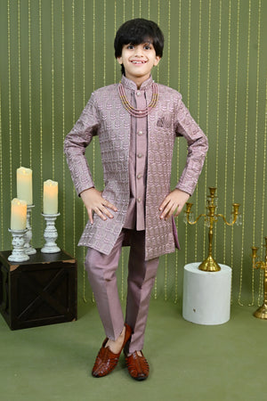 Ahhaaaa Regal Dupian Silk Indo-Western Sherwani Set for Boys with Tonal Embroidery Pink