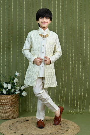 Ahhaaaa Regal Dupian Silk Indo-Western Sherwani Set for Boys with Tonal Embroidery Cream