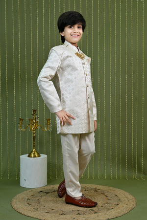 Ahhaaaa Boys Jodhpuri Sherwani Suit – 2 Piece Cream Jacquard with Zari Work