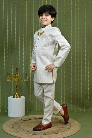 Ahhaaaa Boys Jodhpuri Sherwani Suit – 2 Piece Cream Jacquard with Zari Work