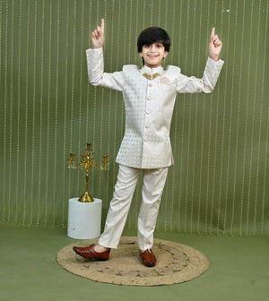 Ahhaaaa Boys Jodhpuri Sherwani Suit – 2 Piece Cream Jacquard with Zari Work
