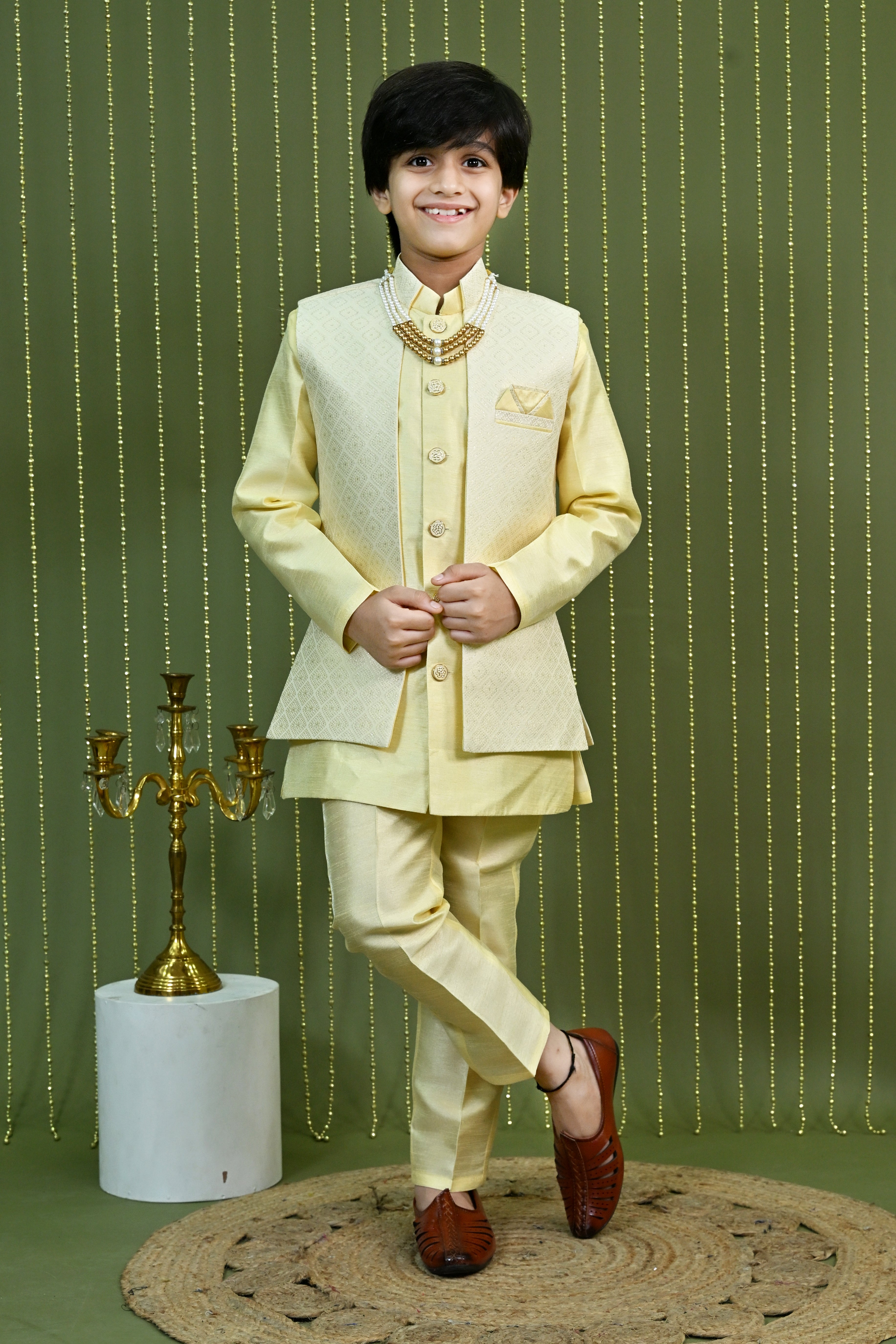 Ahhaaaa Boys Kurta Pajama with Nehru Jacket – 3 Piece Ethnic Set for Kids Wedding & Festive Wear Lemon