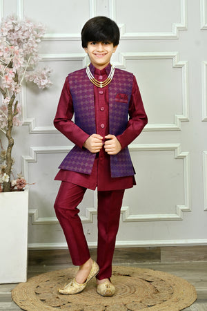 Ahhaaaa Boys Indo-Western Sherwani Kurta Set with Nehru Jacket & Maala – Kids Ethnic Party Wear Red