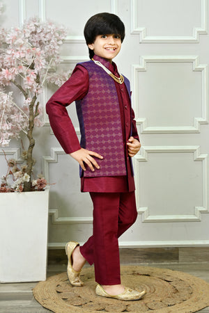 Ahhaaaa Boys Indo-Western Sherwani Kurta Set with Nehru Jacket & Maala – Kids Ethnic Party Wear