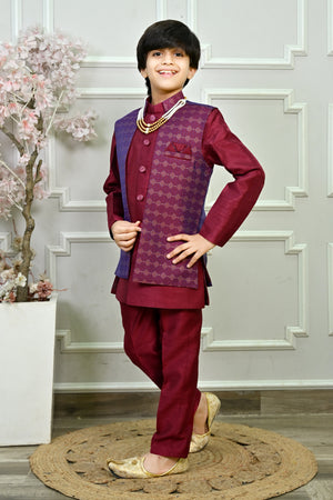 Ahhaaaa Boys Indo-Western Sherwani Kurta Set with Nehru Jacket & Maala – Kids Ethnic Party Wear
