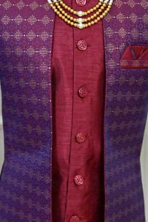 Ahhaaaa Boys Indo-Western Sherwani Kurta Set with Nehru Jacket & Maala – Kids Ethnic Party Wear