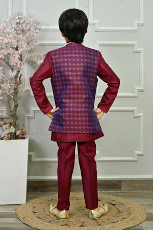 Ahhaaaa Boys Indo-Western Sherwani Kurta Set with Nehru Jacket & Maala – Kids Ethnic Party Wear