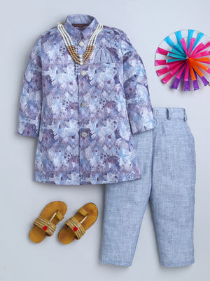 Ahhaaaa Boys' Silk Blend Floral Printed Jodhpuri Bandhgala Suit Set | Kids Ethnic Wear for Wedding and Festive Occasions Grey