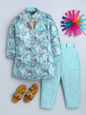 Ahhaaaa Boys' Silk Blend Floral Printed Jodhpuri Bandhgala Suit Set | Kids Ethnic Wear for Wedding and Festive Occasions Turquoise Blue