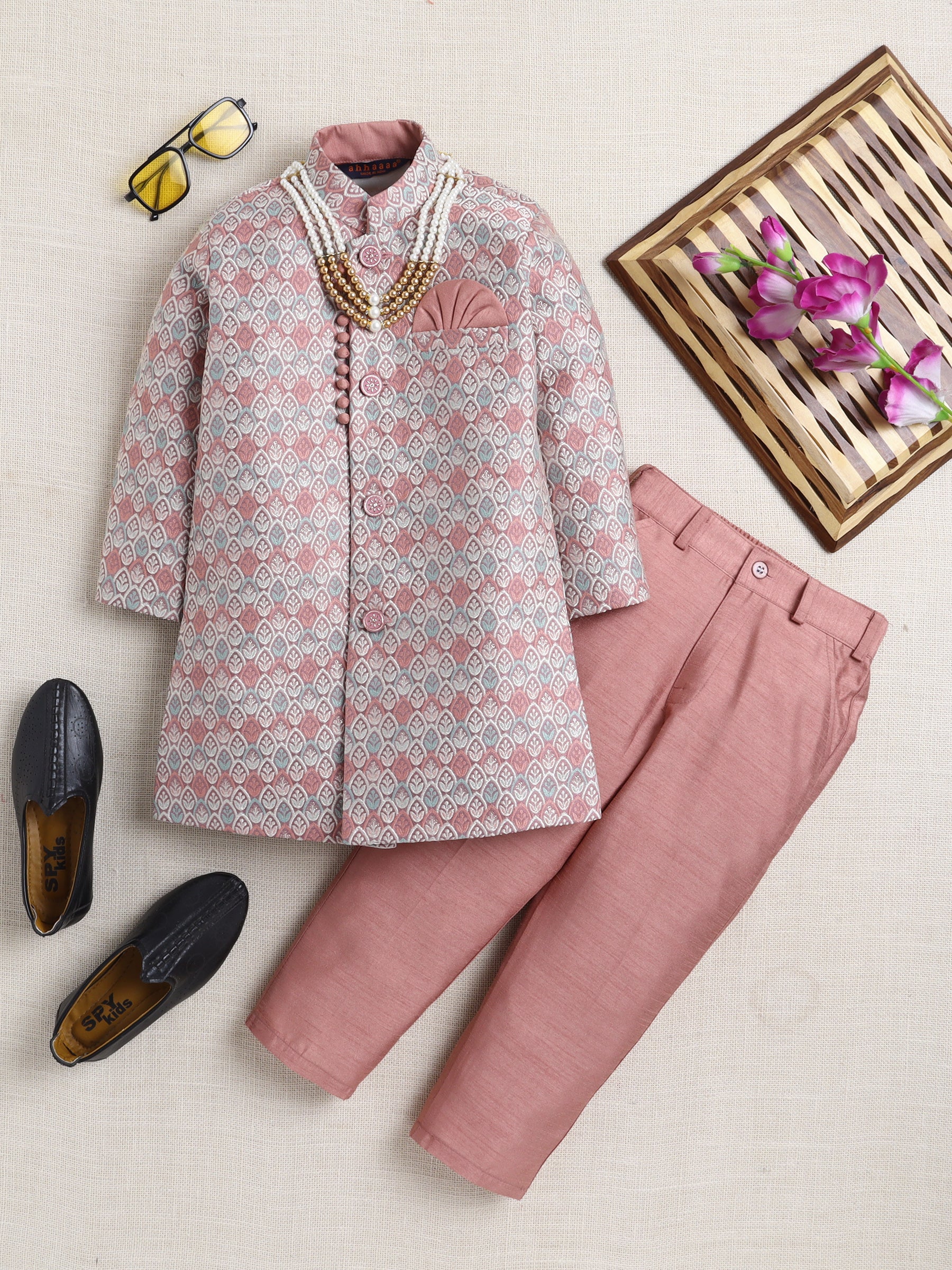 Ahhaaaa Boy's 2-Piece Ethnic Sherwani Set | Cream & Pink/Green Printed Indo-Western Suit with Pyjama | Traditional Kids Wear Pink