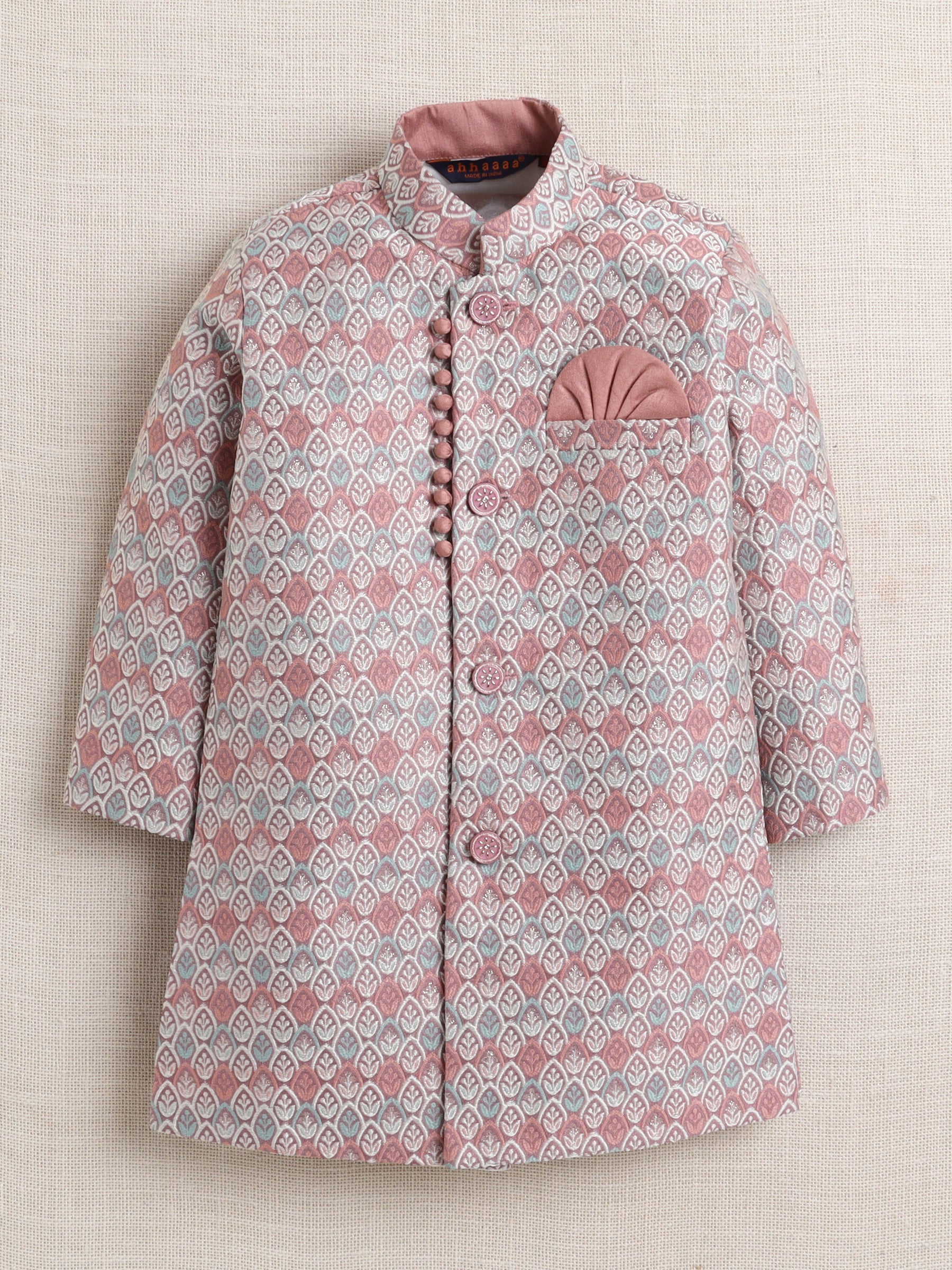 Ahhaaaa Boy's 2-Piece Ethnic Sherwani Set | Cream & Pink/Green Printed Indo-Western Suit with Pyjama | Traditional Kids Wear