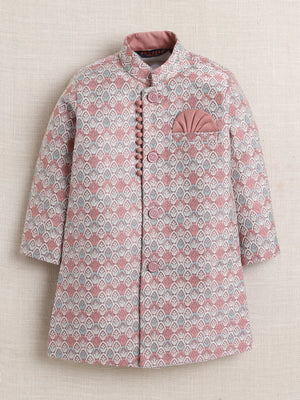 Ahhaaaa Boy's 2-Piece Ethnic Sherwani Set | Cream & Pink/Green Printed Indo-Western Suit with Pyjama | Traditional Kids Wear