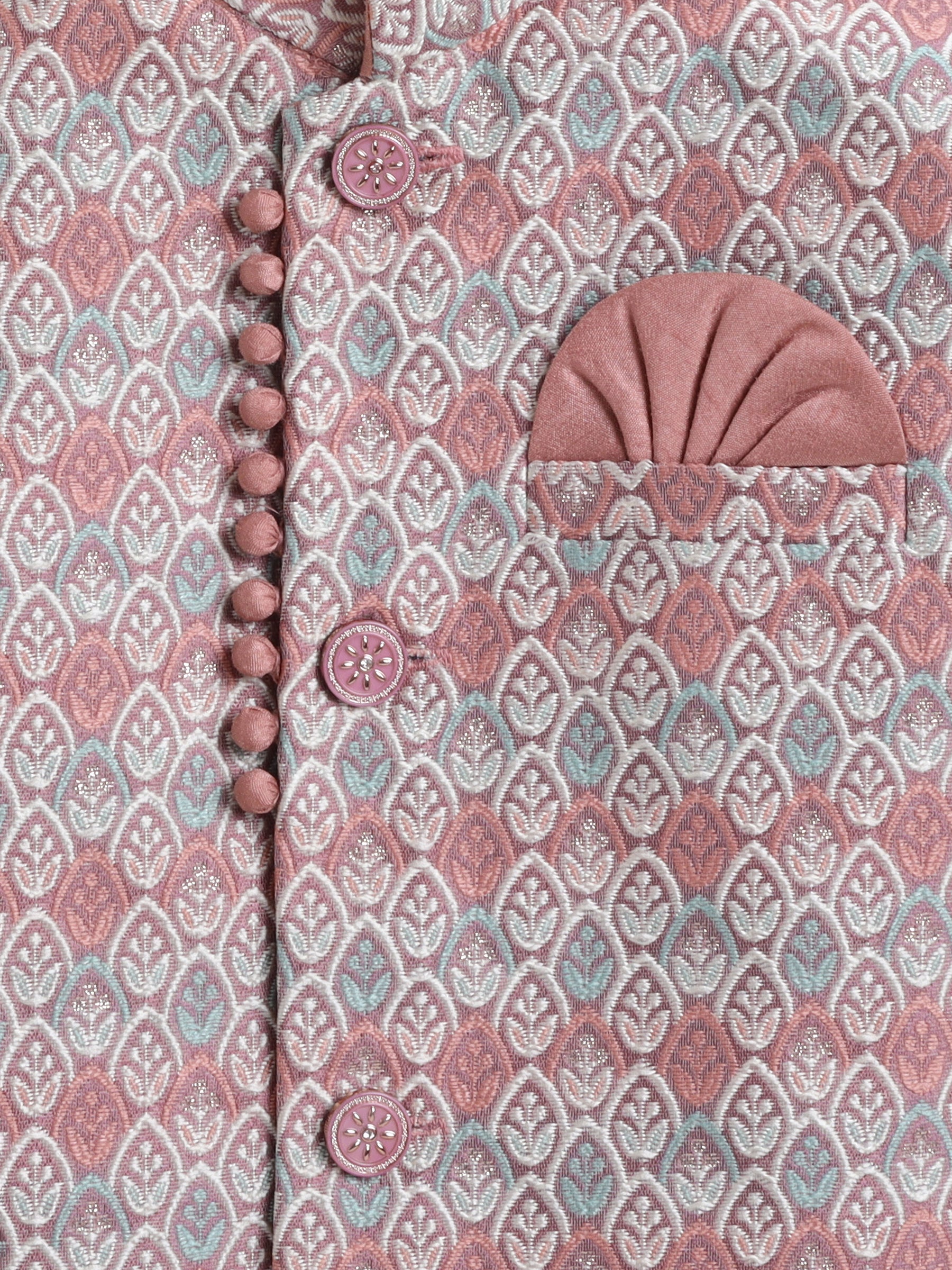 Ahhaaaa Boy's 2-Piece Ethnic Sherwani Set | Cream & Pink/Green Printed Indo-Western Suit with Pyjama | Traditional Kids Wear