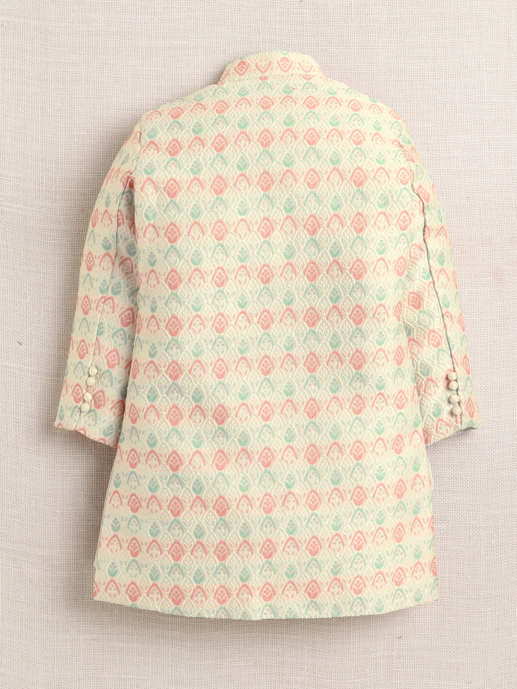 Ahhaaaa Boy's 2-Piece Ethnic Sherwani Set | Cream & Pink/Green Printed Indo-Western Suit with Pyjama | Traditional Kids Wear