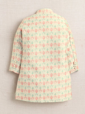 Ahhaaaa Boy's 2-Piece Ethnic Sherwani Set | Cream & Pink/Green Printed Indo-Western Suit with Pyjama | Traditional Kids Wear