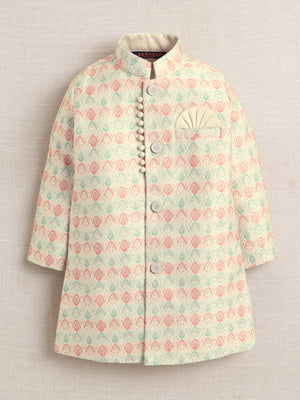 Ahhaaaa Boy's 2-Piece Ethnic Sherwani Set | Cream & Pink/Green Printed Indo-Western Suit with Pyjama | Traditional Kids Wear