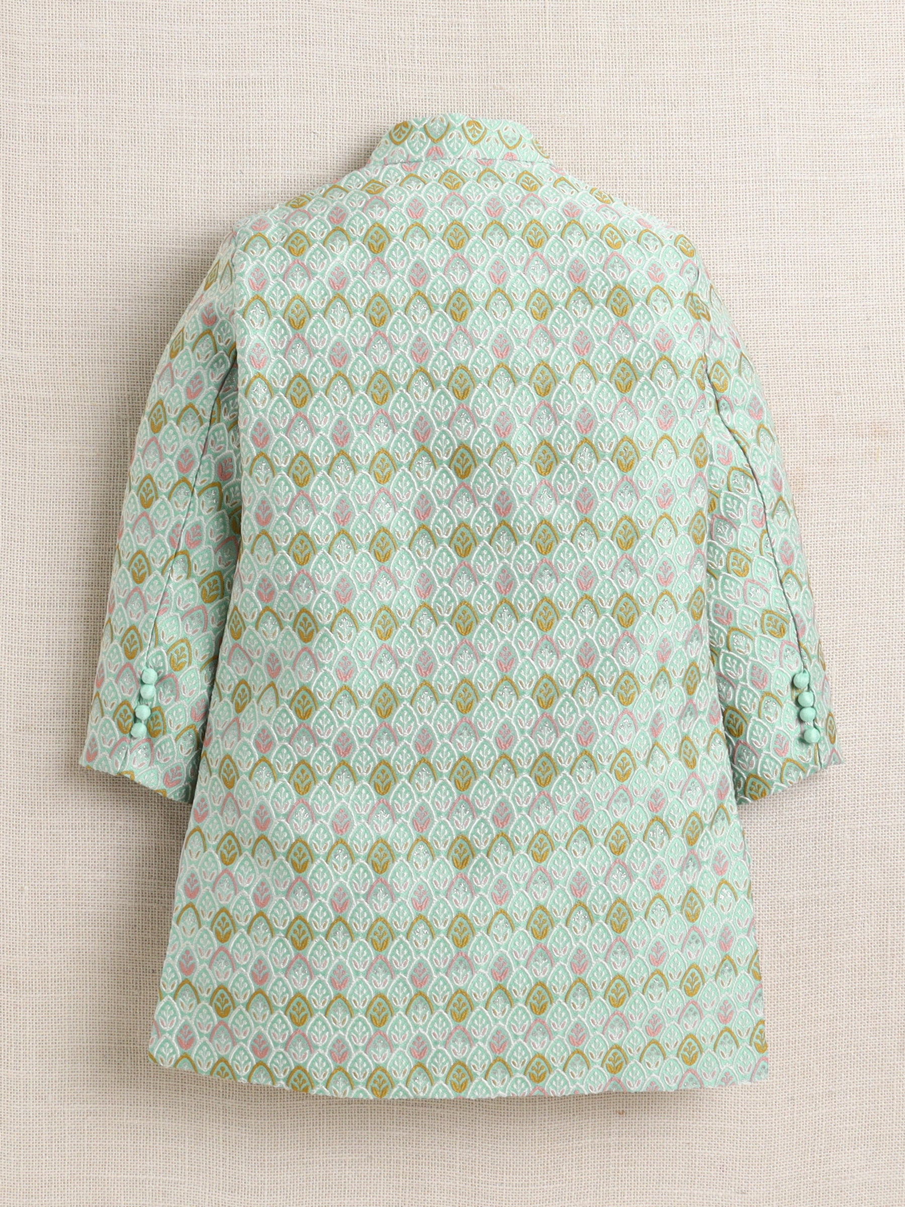 Ahhaaaa Boy's 2-Piece Ethnic Sherwani Set | Cream & Pink/Green Printed Indo-Western Suit with Pyjama | Traditional Kids Wear