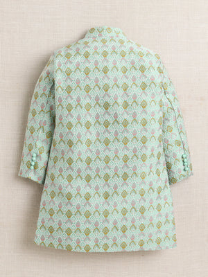 Ahhaaaa Boy's 2-Piece Ethnic Sherwani Set | Cream & Pink/Green Printed Indo-Western Suit with Pyjama | Traditional Kids Wear