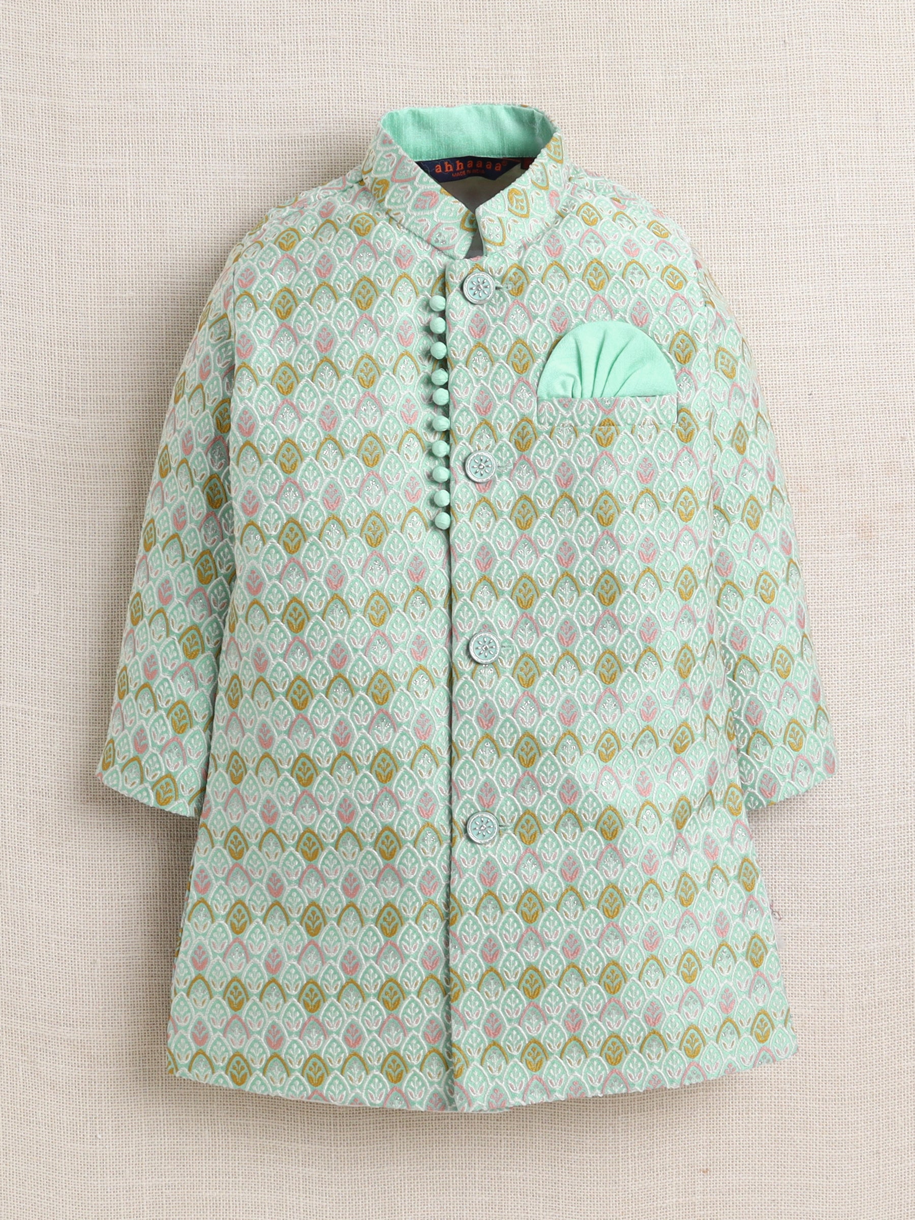 Ahhaaaa Boy's 2-Piece Ethnic Sherwani Set | Cream & Pink/Green Printed Indo-Western Suit with Pyjama | Traditional Kids Wear