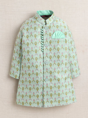 Ahhaaaa Boy's 2-Piece Ethnic Sherwani Set | Cream & Pink/Green Printed Indo-Western Suit with Pyjama | Traditional Kids Wear