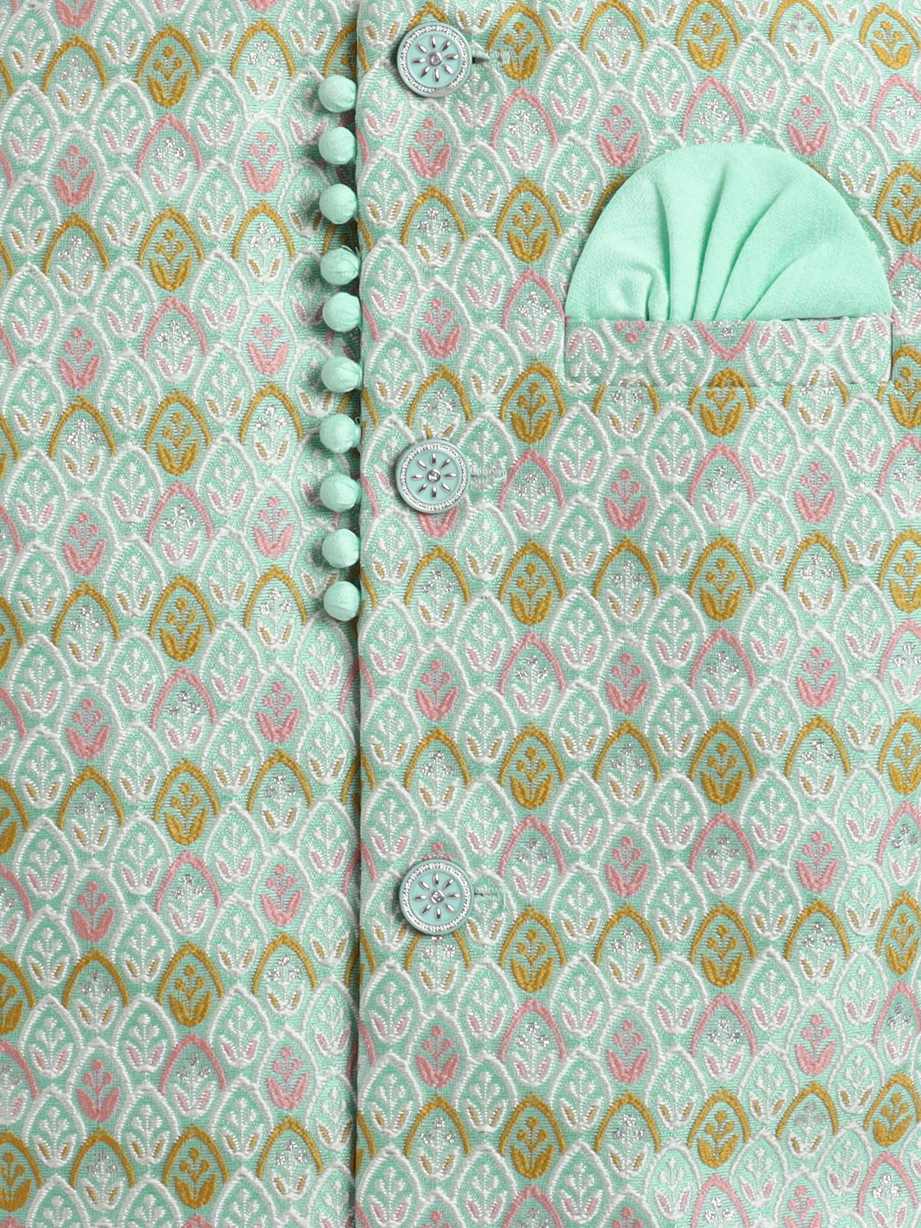 Ahhaaaa Boy's 2-Piece Ethnic Sherwani Set | Cream & Pink/Green Printed Indo-Western Suit with Pyjama | Traditional Kids Wear